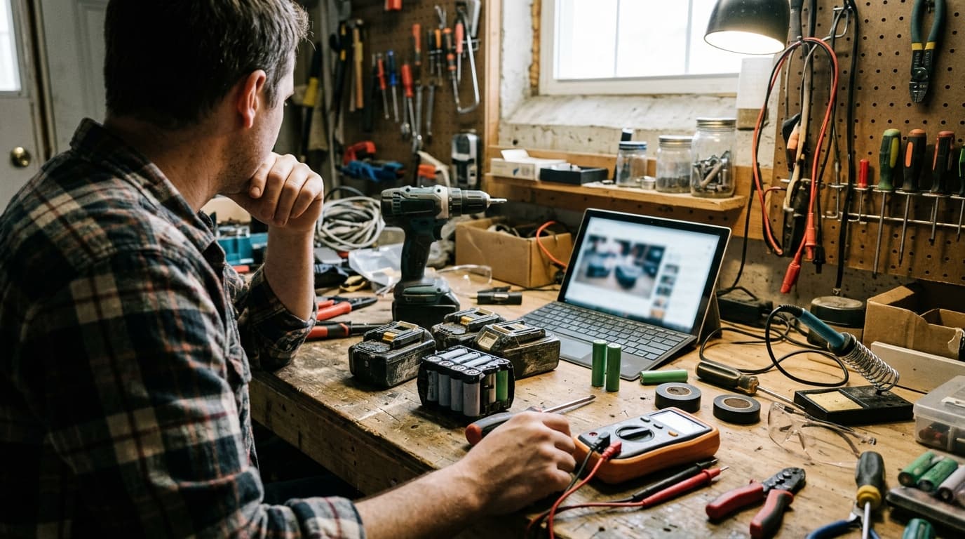 Illustration of a workbench where a dead cordless pack is the decision in front of you.